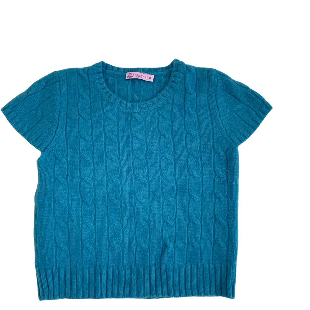 CALYPSO CAP SLEEVE CABLE KNIT CASHMERE BLUE LAYERING VEST SIZE: 8